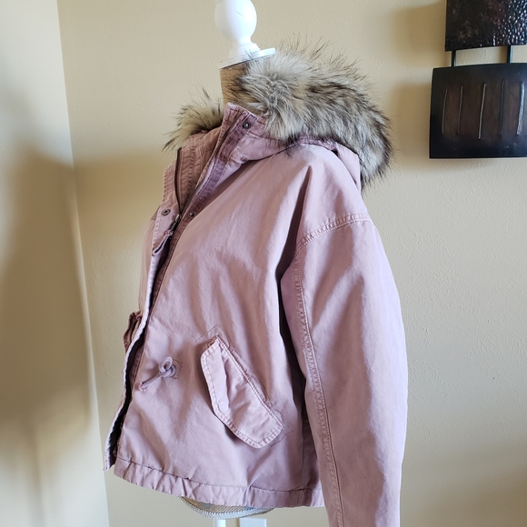 American Eagle military style parka faux fur hood mauve dusty rose medium crop - Picture 6 of 14